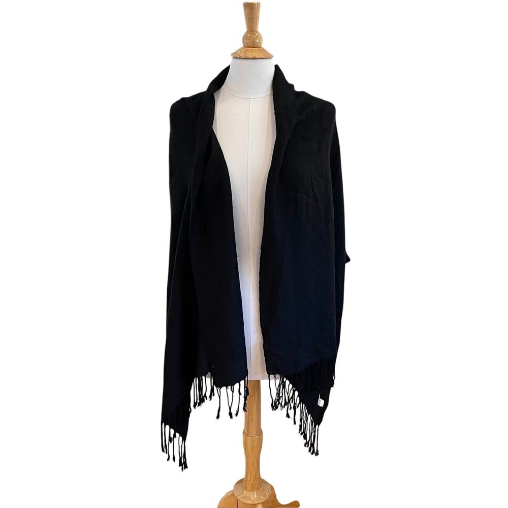 Large Black Wrap / Shawl with Fringe, Minimalist, Layering, 26 by 73